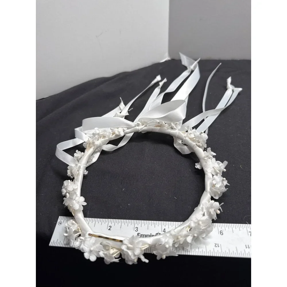White Floral Halo Headband With Streamer Ribbons For Weddings & Special Occasion